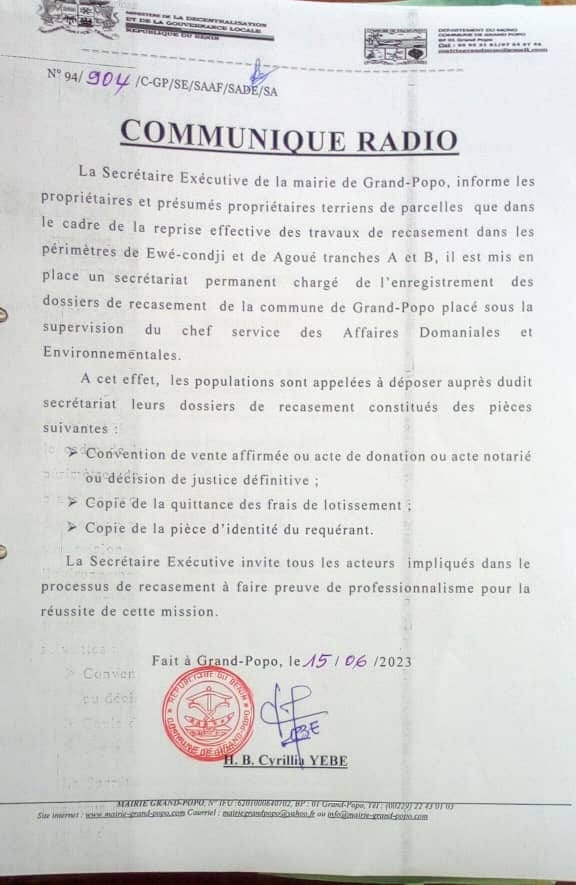 COMMUNIQUE DE LA MAIRIE DE GRAND-POPO SUR LES TRAVAUX DE RECASEMENT